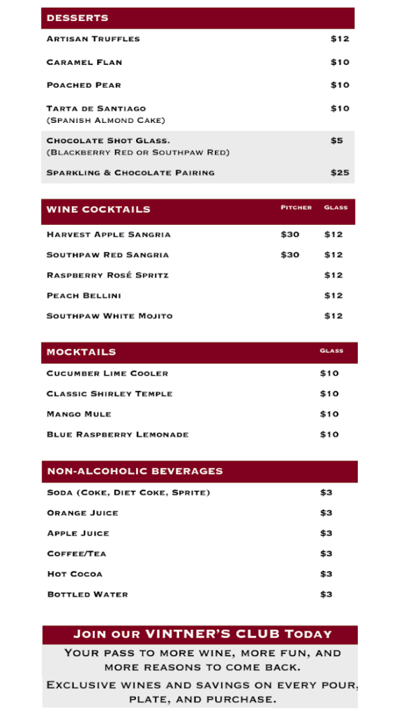 Dessert, Wine Cocktail, Mocktail, and Beverage Menu. Features desserts from $5 to $25, wine cocktails, mocktails at $10, non-alcoholic drinks at $3, and Vintner's Club membership details.