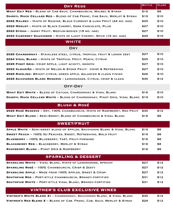 Old York Cellars Wine Menu