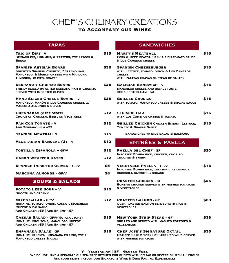 Old York Cellars Wine & Food Menu page 1