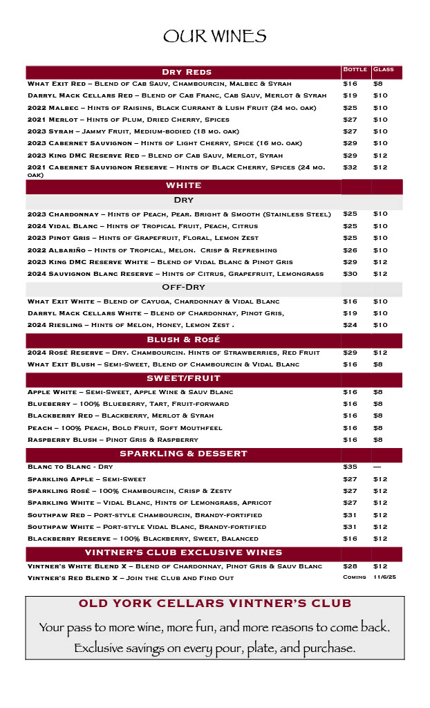 Old York Cellars Wine & Food Menu Page 2