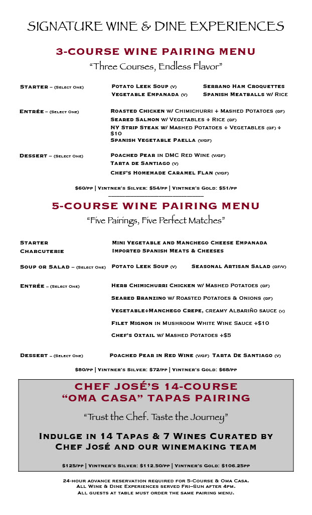 Old York Cellars Signature Wine & Dine Menu