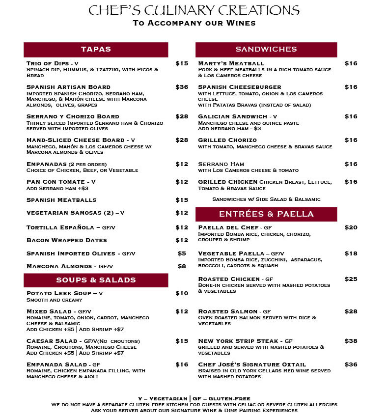 Tapas & Boards Menu at Old York Cellars