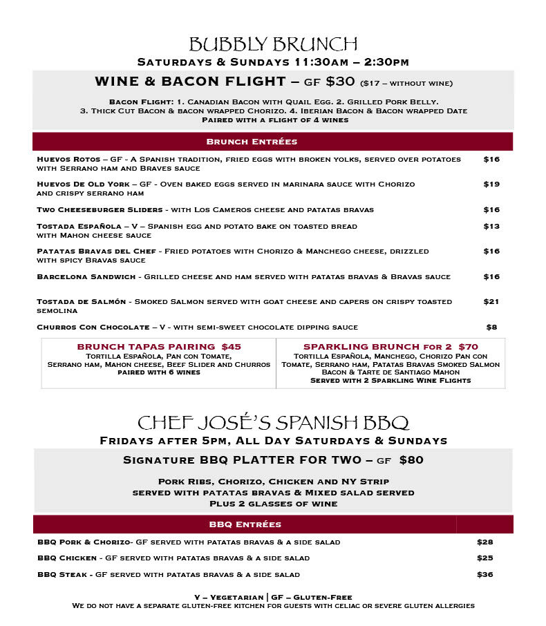 Weekend Bubbly Brunch Menu at Old York Cellars