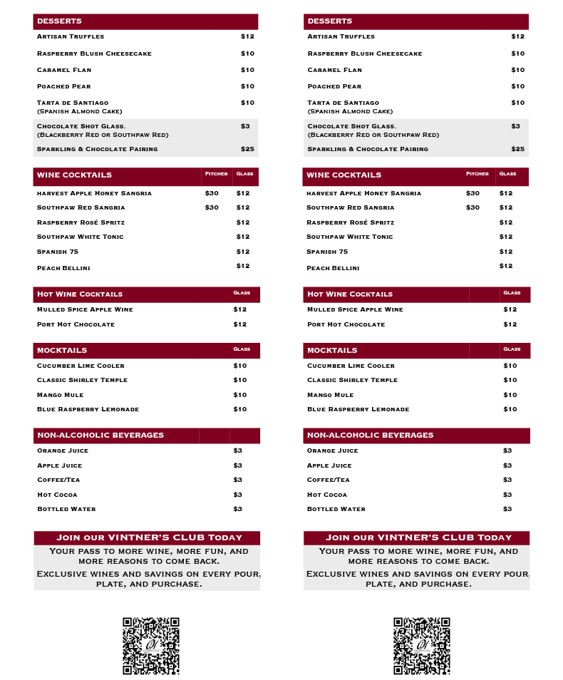 Old York Cellars Dessert, Cocktail & Mocktail Menu 2026 Winter