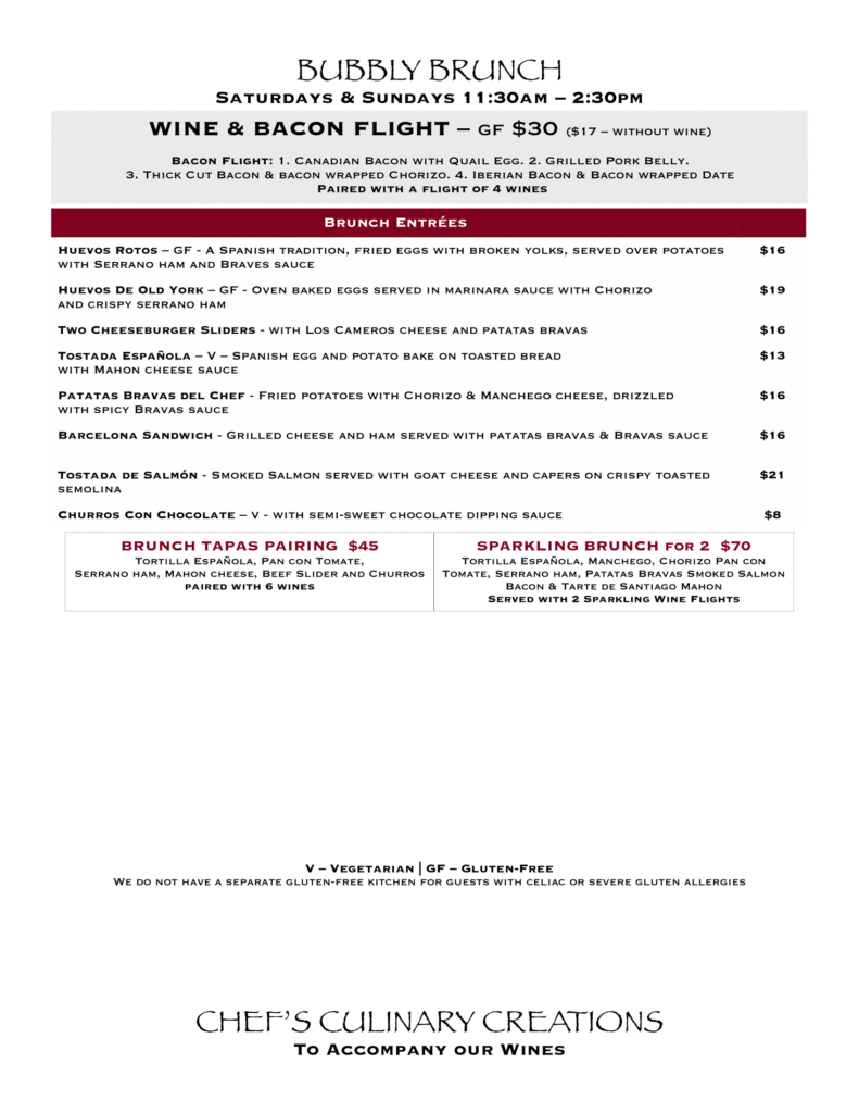 Old York Cellars Bubbly Brunch Menu Winter 2026