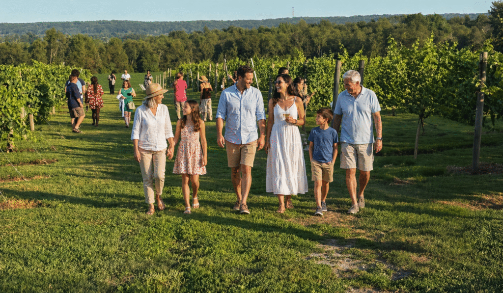 Families in the vineyard at Old York Cellars