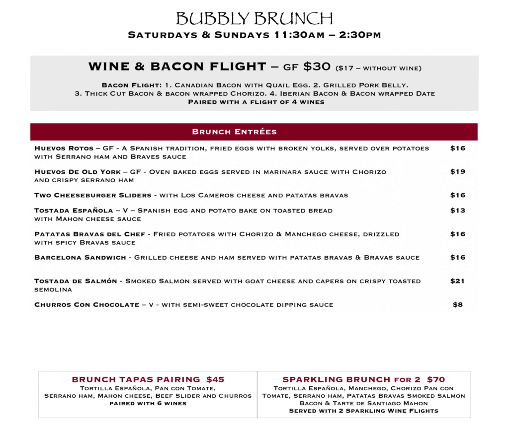 Old York Cellars Bubbly Brunch Menu