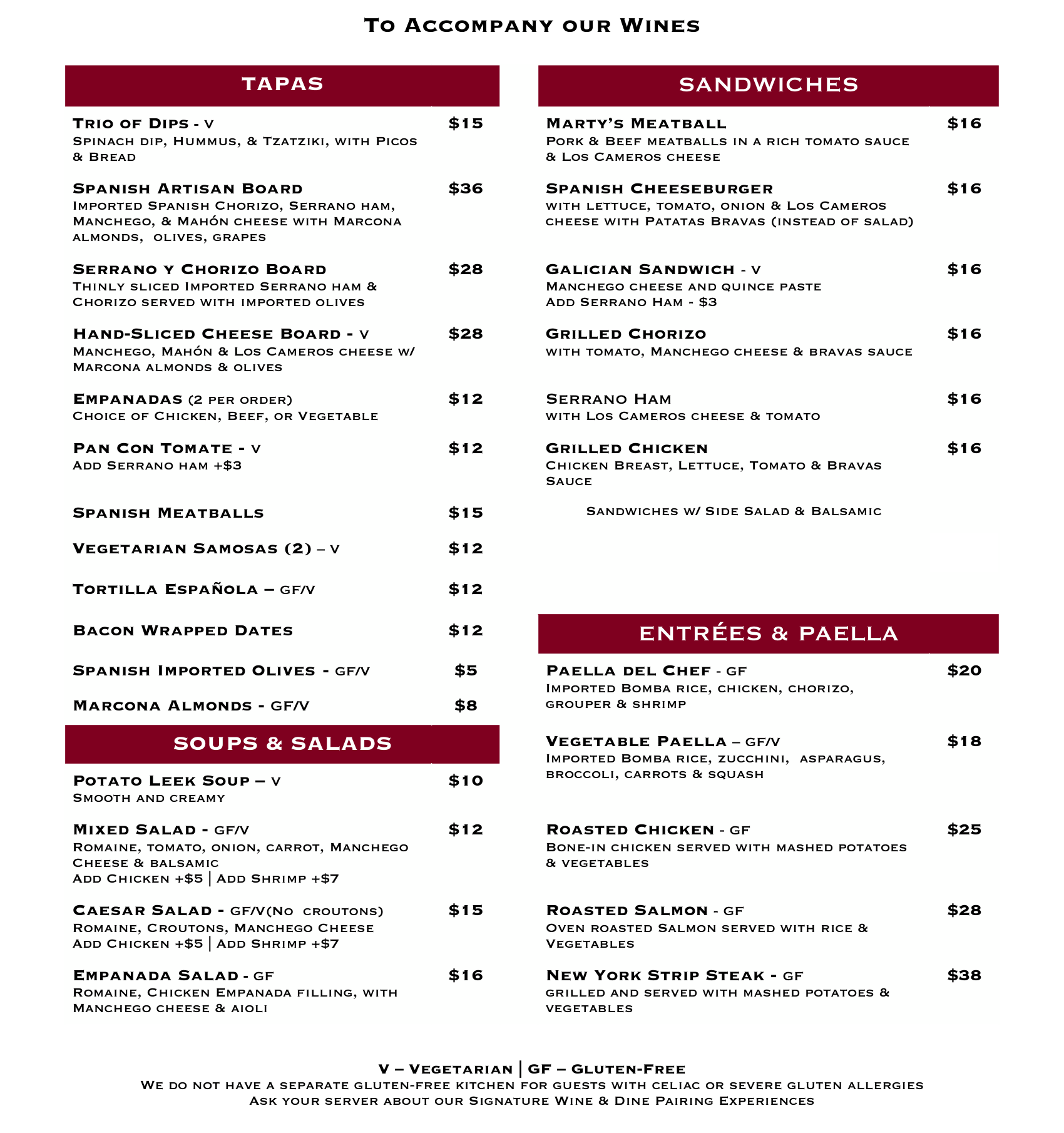 Teubes Menu Winery Food Menu