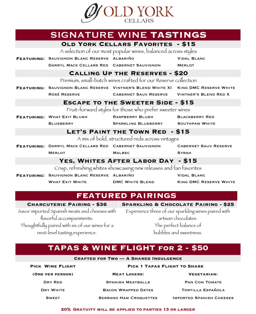 Old York Cellars Wine Tasting Menu