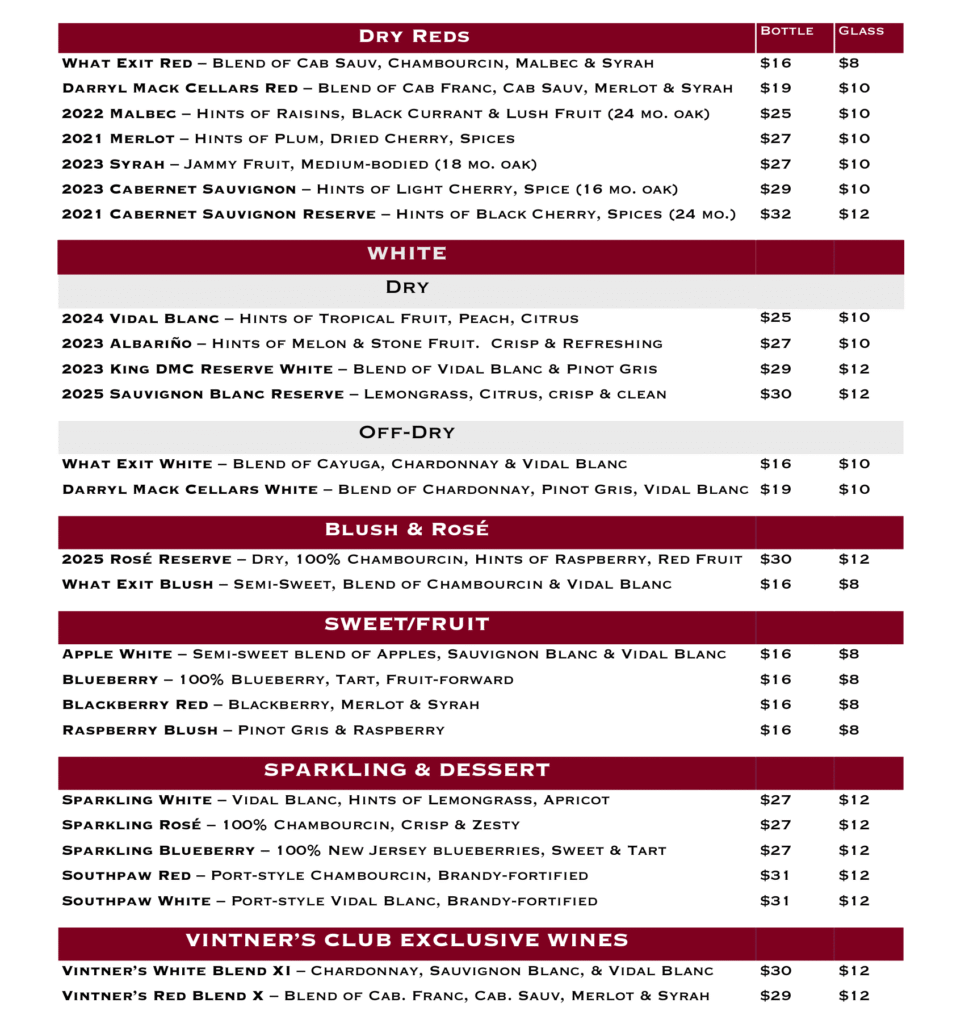 Old York Cellars Wine Menu