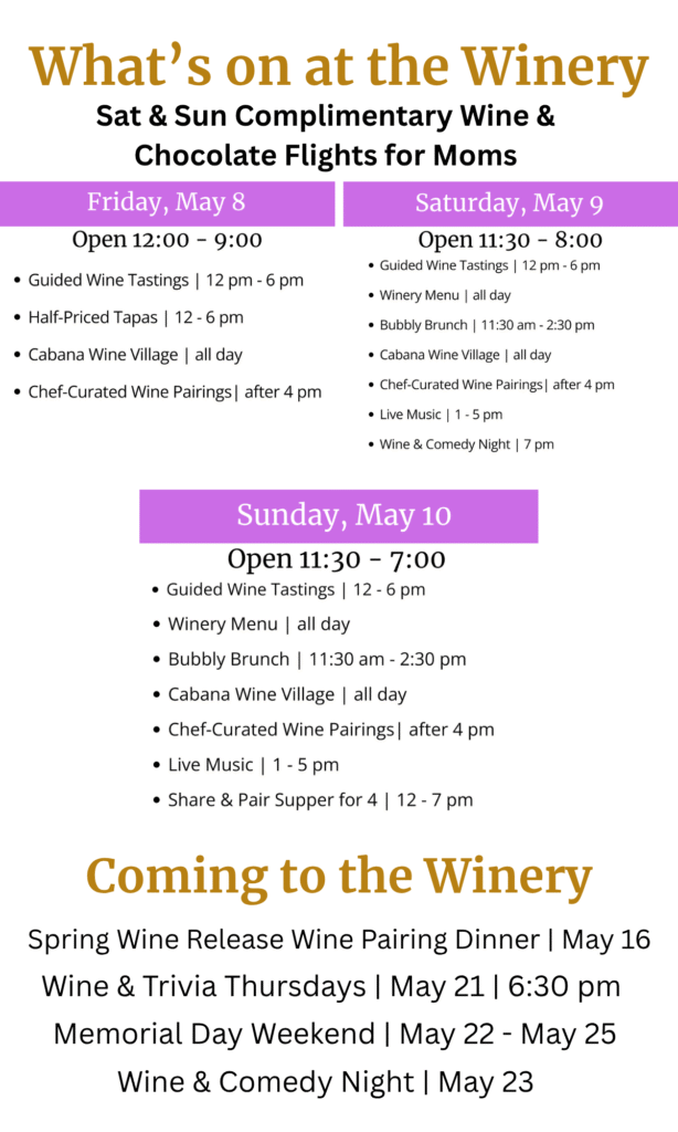 Old York Cellars Weekend at a Glance, May 8 through May 10, 2026