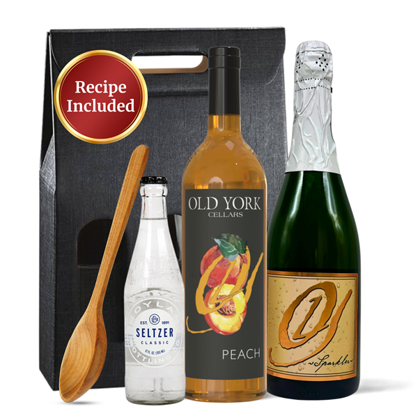 Old York Cellars Peach Wine & Sparkling Wine with seltzer and recipe card — brunch-ready and giftable. Sweet, sparkling, and ready to impress — delicious and gift-worthy.