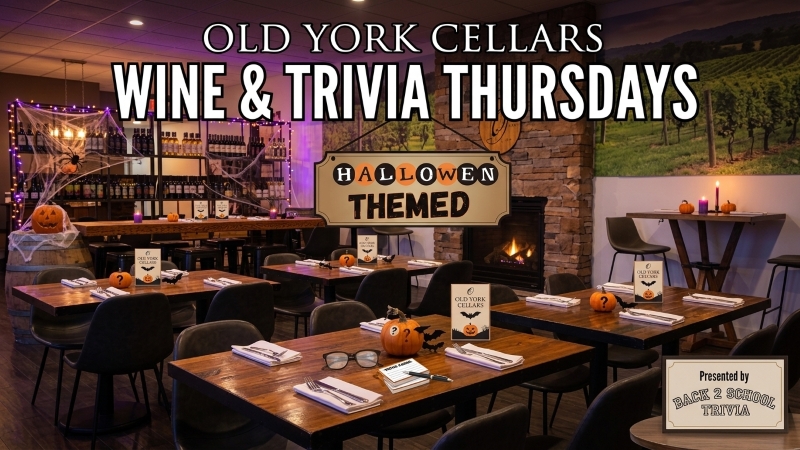 “Old York Cellars Winery in Ringoes NJ hosting Halloween‑themed Wine & Trivia Thursdays with pumpkins, cozy fireplace, and vineyard decor.
