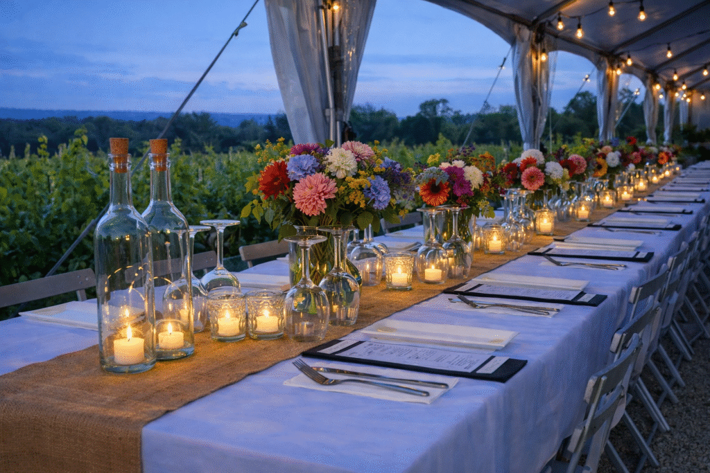 Outdoor vineyard dinner table under a canopy at twilight, set with candles, glass bottles, and colorful autumn flowers in vases, with menus and place settings arranged neatly along a white tablecloth.