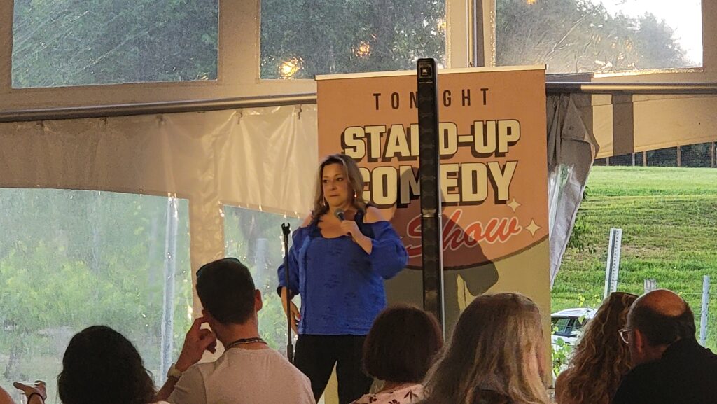 Comedian Suasn Golden performing under the Vineyard Tent at Old York Cellars winery in Ringoes, NJ.