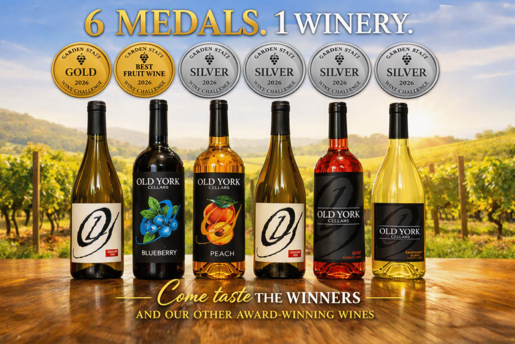 Six Old York Cellars wine bottles arranged on a wooden table with vineyard backdrop and gold and silver medals above; text reads “6 Medals. 1 Winery. Come taste the winners and our other award‑winning wines.”