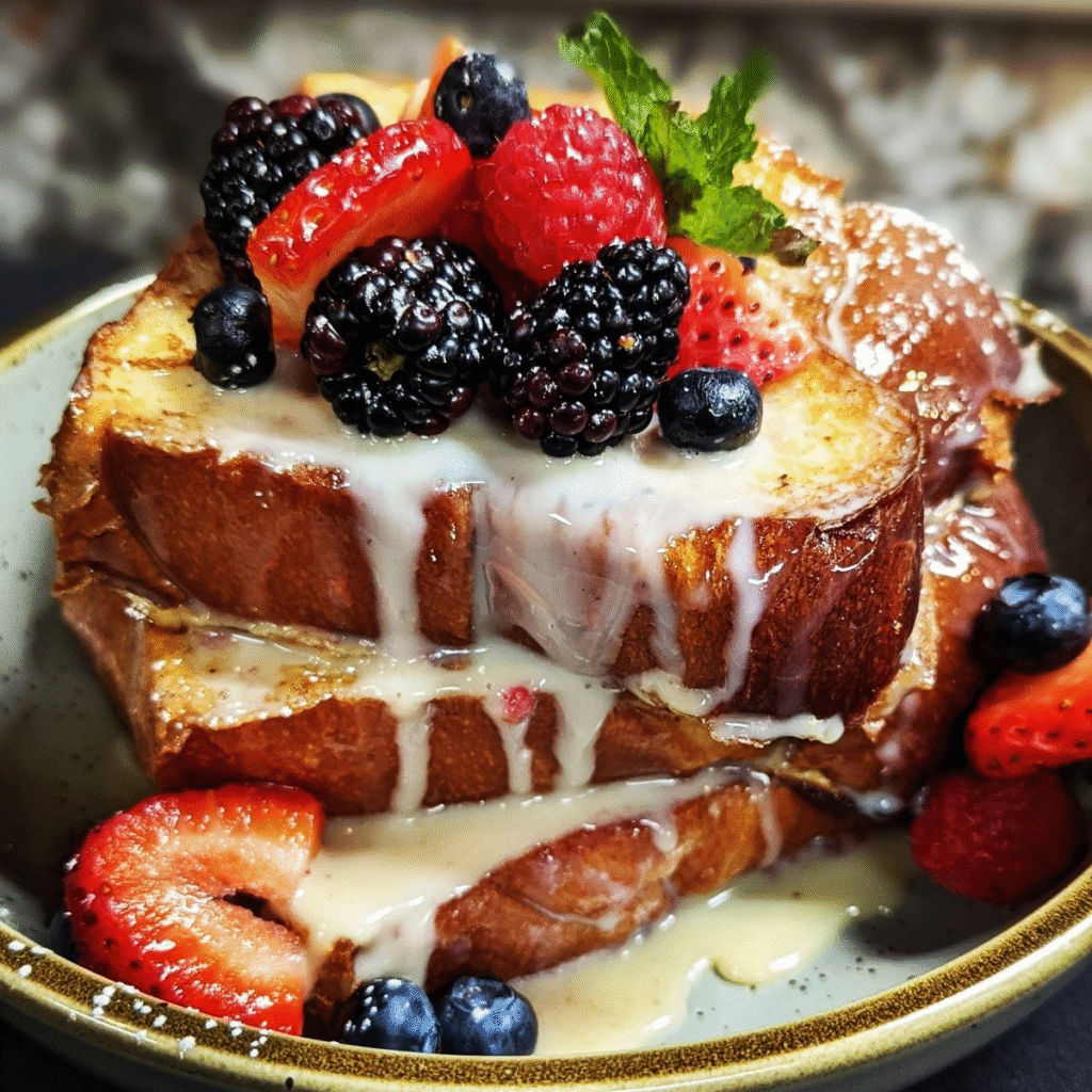 Thick slices of French toast topped with fresh berries and cream, paired with Old York Cellars wine for a sweet brunch experience at Brunch By De Martino in Somerville, NJ.