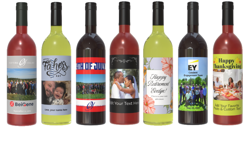 Eight personalized wine bottles arranged in a row, each with custom labels for various occasions or memories.
