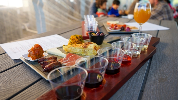 Close‑up of a food and wine pairing board at Old York Cellars Winery in Ringoes, Hunterdon County, NJ, featuring small cups of red wine samples, artisan appetizers, bread, and cheese arranged on a wooden board.