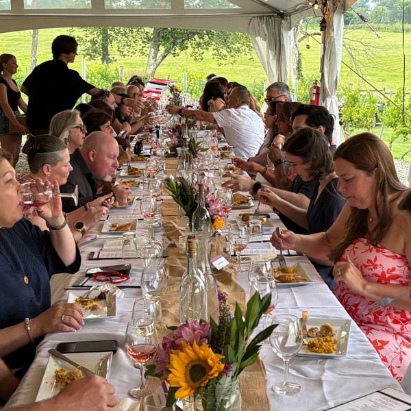Guests seated at a long table under a Vineyard Tent, sharing a multi‑course chef curated wine pairing dinner at Old York Cellars.