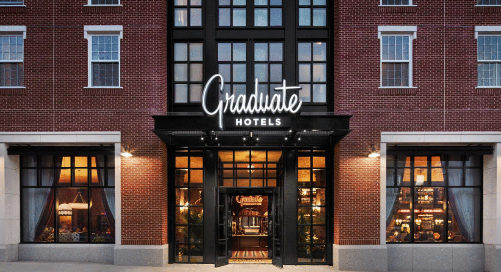 Exterior of Graduate by Hilton Princeton, a brick hotel building with large windows and a sign above the entrance reading “Graduate Hotels.”