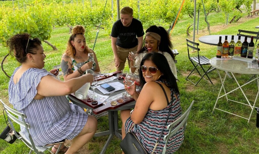 Group of friends enjoying a wine tasting outdoors among vineyard rows at Old York Cellars, seated around a small table with tasting trays.
