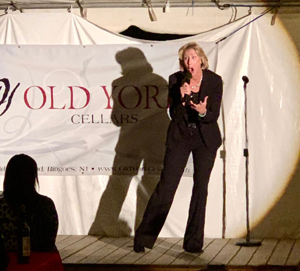 Comedian Helene Angley performing at Old York Cellars stage