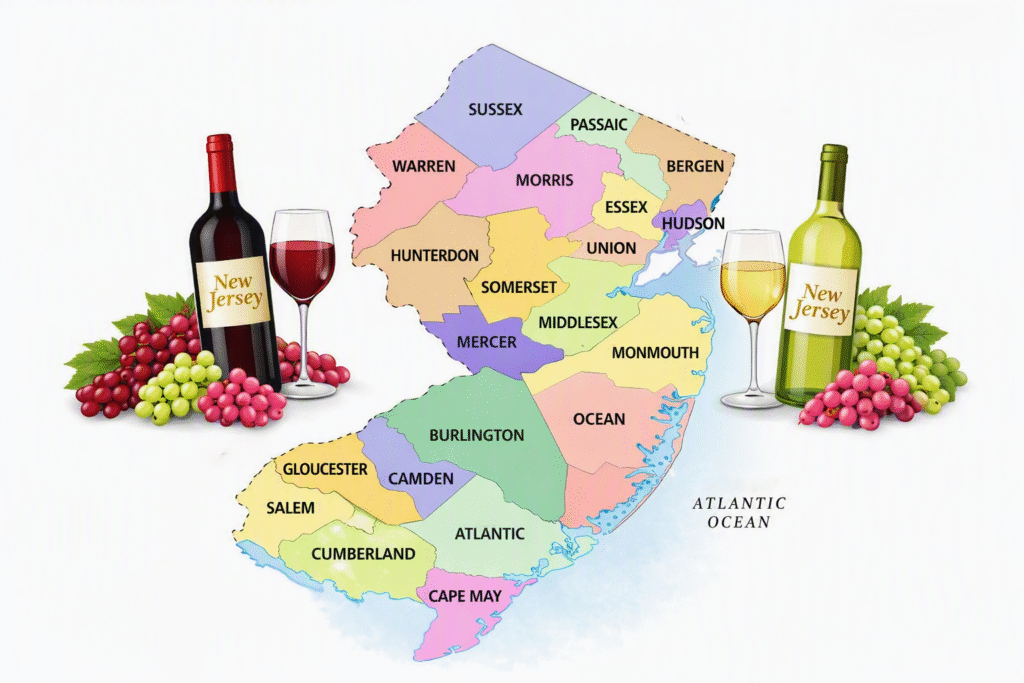 A map of NJ Counties. In 2025, New Jersey ranks seventh in the United States for total wine production, producing approximately 2.17 million gallons.