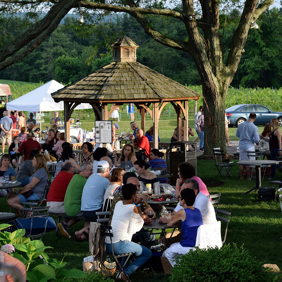 Guests enjoying an afternoon with wine, food and friends at Old York Cellars.