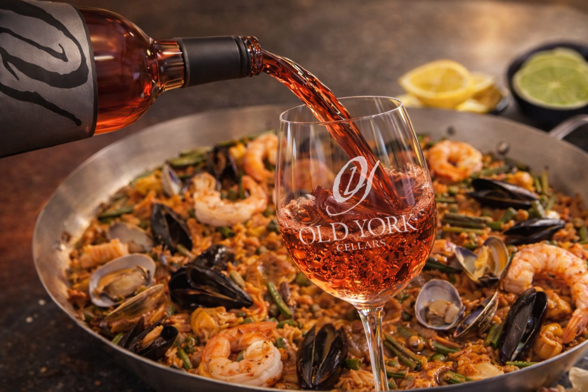 Rosé wine being poured into an Old York Cellars glass in front of a pan of seafood paella with shrimp, mussels, and clams.