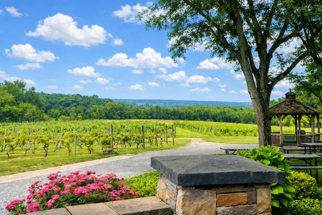 Scenic view of Old York Cellars vineyard with rows of grapevines under a bright blue sky, framed by trees and flowers beside a stone patio.