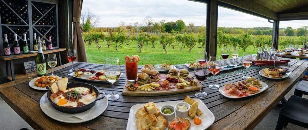 Outdoor vineyard brunch table with charcuterie board, wine glasses, and scenic grapevine view at Old York Cellars Winery in Ringoes, New Jersey.