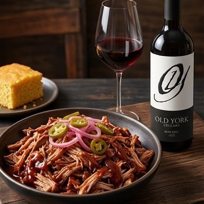Plate of slow-cooked barbecue pulled pork topped with pickled red onions and jalapeños served with cornbread, a glass, and a bottle of Old York Cellars Malbec red wine.