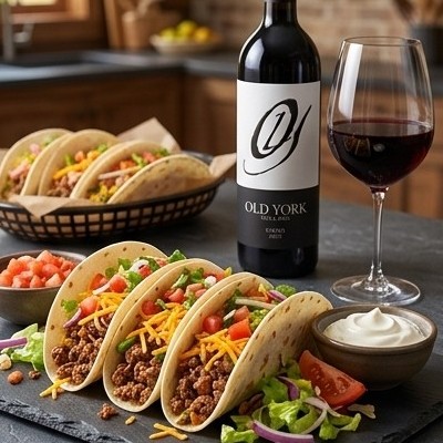 Platter of seasoned ground beef tacos topped with cheddar cheese, tomatoes, and sour cream paired with a bottle and glass of Old York Cellars Syrah red wine.