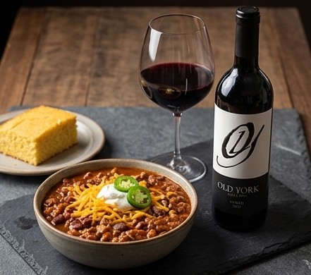 Bowl of hearty beef chili topped with cheddar cheese, sour cream, and jalapeños paired with cornbread and a bottle of Old York Cellars Syrah red wine.