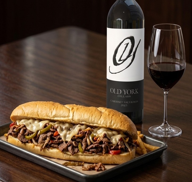 Philadelphia cheesesteak with shaved beef and melted cheese served on a metal tray next to a bottle and glass of Old York Cellars Cabernet Sauvignon red wine for Eagles game day tailgating.
