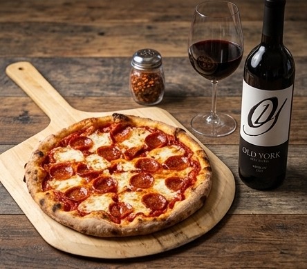 Fresh pepperoni pizza served on a wooden peel alongside a bottle and glass of Old York Cellars Merlot red wine for Jets football game day food pairings.
