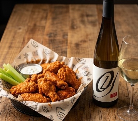 Crispy fried buffalo chicken wings served with celery, blue cheese dip, and a bottle of Old York Cellars Riesling white wine on a wooden table for game day tailgating.