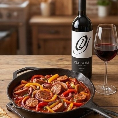 Sizzling skillet of Italian sausage, grilled bell peppers, and onions in tomato sauce paired with a glass and bottle of Old York Cellars Syrah red wine for Giants game day food.