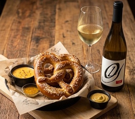 Warm salted soft pretzel with warm cheese dip and mustard served alongside a glass and bottle of Old York Cellars Chardonnay white wine for game day appetizers.