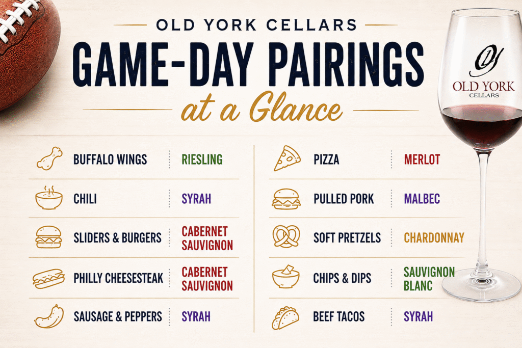 Old York Cellars Game-Day Wine Pairing Guide chart matching football tailgating food recipes like buffalo wings, chili, burgers, cheesesteaks, and tacos with Jersey wine varieties like Riesling, Syrah, and Cabernet Sauvignon.