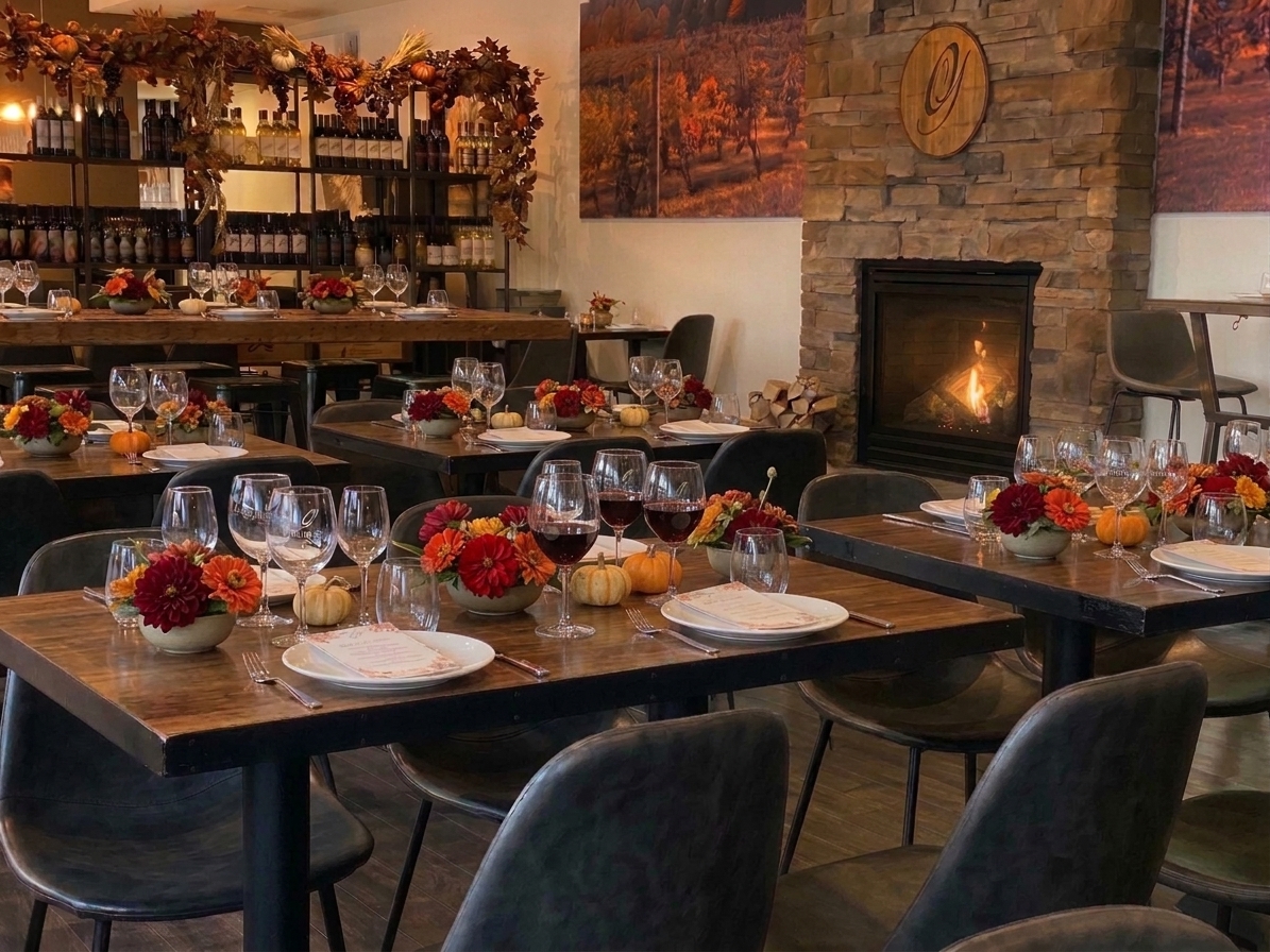 Autumn winery event dining room featuring red wine tastings, seasonal floral centerpieces, mini pumpkins, and a lit stone fireplace at Old York Cellars in Central New Jersey.