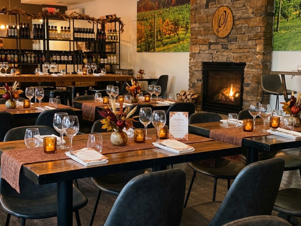 Elegant dining room at Old York Cellars in Ringoes, NJ set for a seasonal wine pairing dinner. Wooden tables are decorated with autumn centerpieces, amber candles, and neatly arranged wine glasses beside a glowing stone fireplace, creating a warm and inviting Central NJ winery atmosphere.