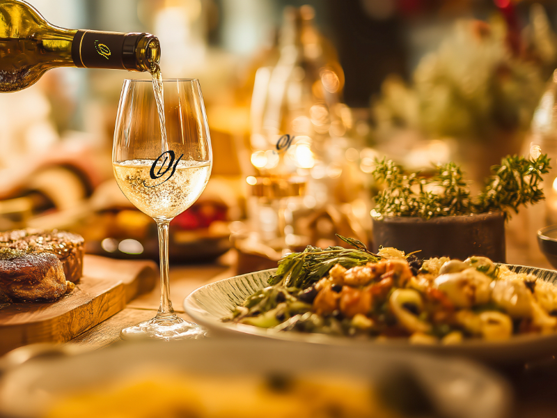A glass of white wine being poured beside a gourmet dinner table featuring plated seafood, herbs, and fine dining dishes in a warm candlelit setting.