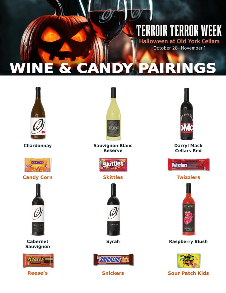 Halloween wine and candy pairing guide from Old York Cellars featuring six wine selections paired with popular Halloween candies during Terroir Terror Week.