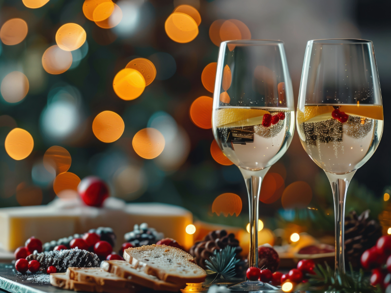 Chef José's New Year's Eve Wine Pairing Dinner featuring two glasses of sparkling wine garnished with citrus and cranberries, festive appetizers, holiday décor, and warm twinkling lights in the background at Old York Cellars.